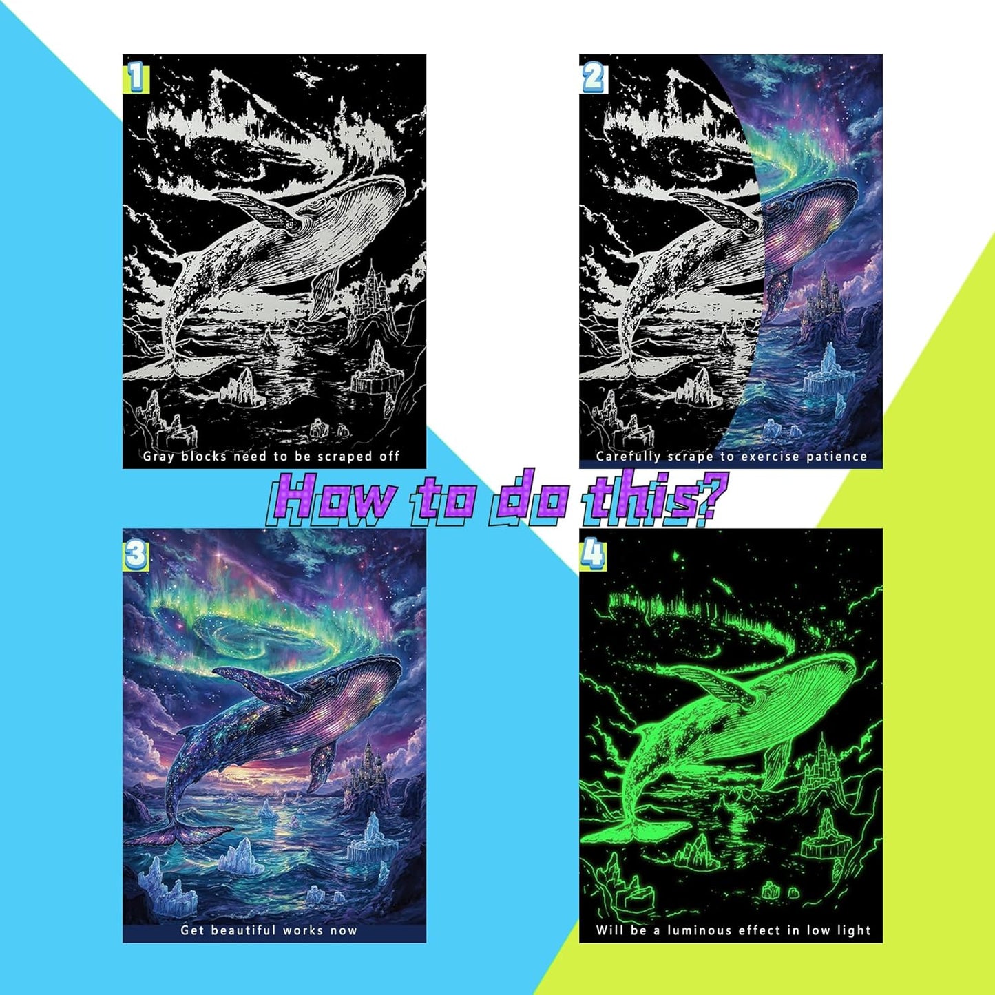 Scratch Paper Art for Adults-Glow in The Dark Scratch Painting Craft Kit (8 Sheets A4)|Foil Engraving Art Set|Stress Relief Gift for Craft Lovers|Creative Scratch Art Home Decor(Whales&Jellyfish)