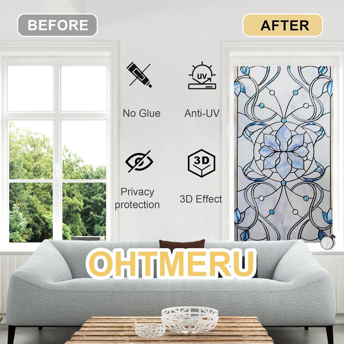 3D Stained Glass Window Privacy Film, Heat Control UV Blocking Static Cling Decorative Window Film for Bathroom,Front Door,Home Non Adhesive,23.6 x 35.4 inches Azure Bloom