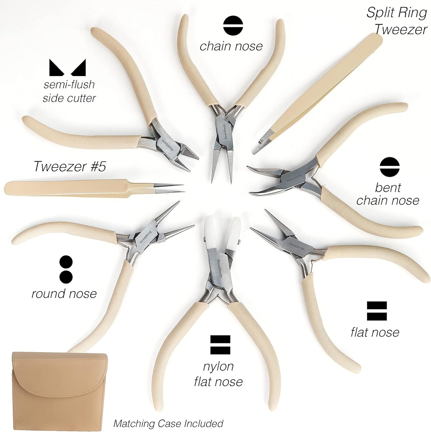 The Beadsmith Fashion Color Pliers – Set of 8 Slimline Color-Coordinated Tools – Matching Clutch in Beige – Jewelry Making Supply Kit to Create Necklaces, Bracelets, Earrings & More