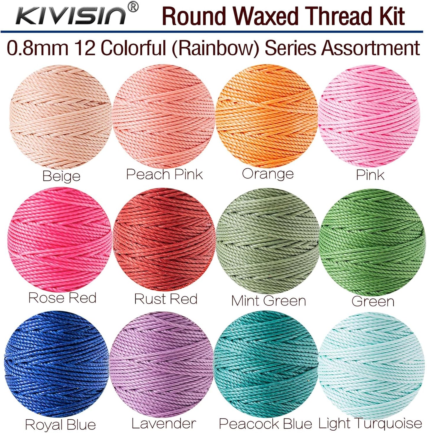 12 Colored Round Waxed Thread 0.8mm, 35 Yards per Spool, 3 Ply Polyester Wax Cord Strings for Hand Sewing, Beading, Bookbinding, Basket Weaving, Micro Macrame Bracelets and Jewelry Making