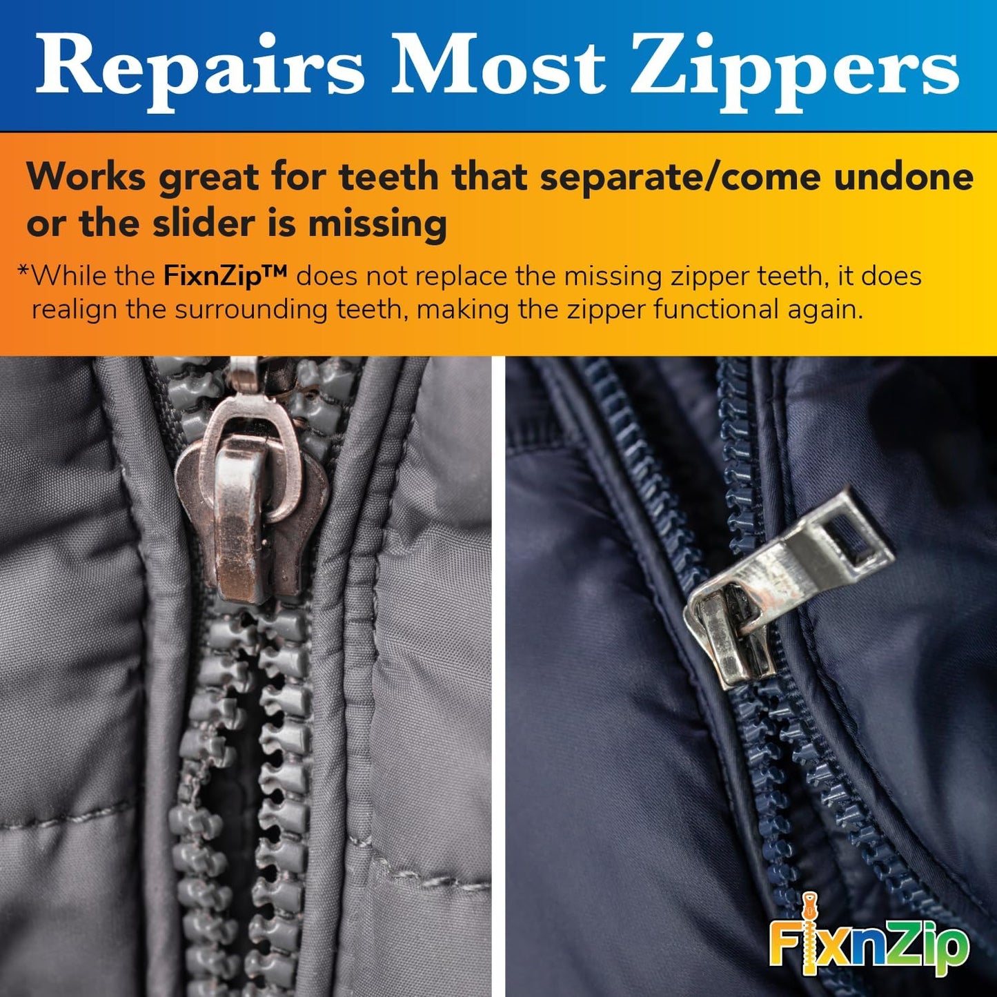 FixnZip (Black Nickel 3 Pack S,M,L) - Universal Zipper Repair Kit for Jackets, Luggage, Bags - Backpack Zipper Replacement Repair Kit