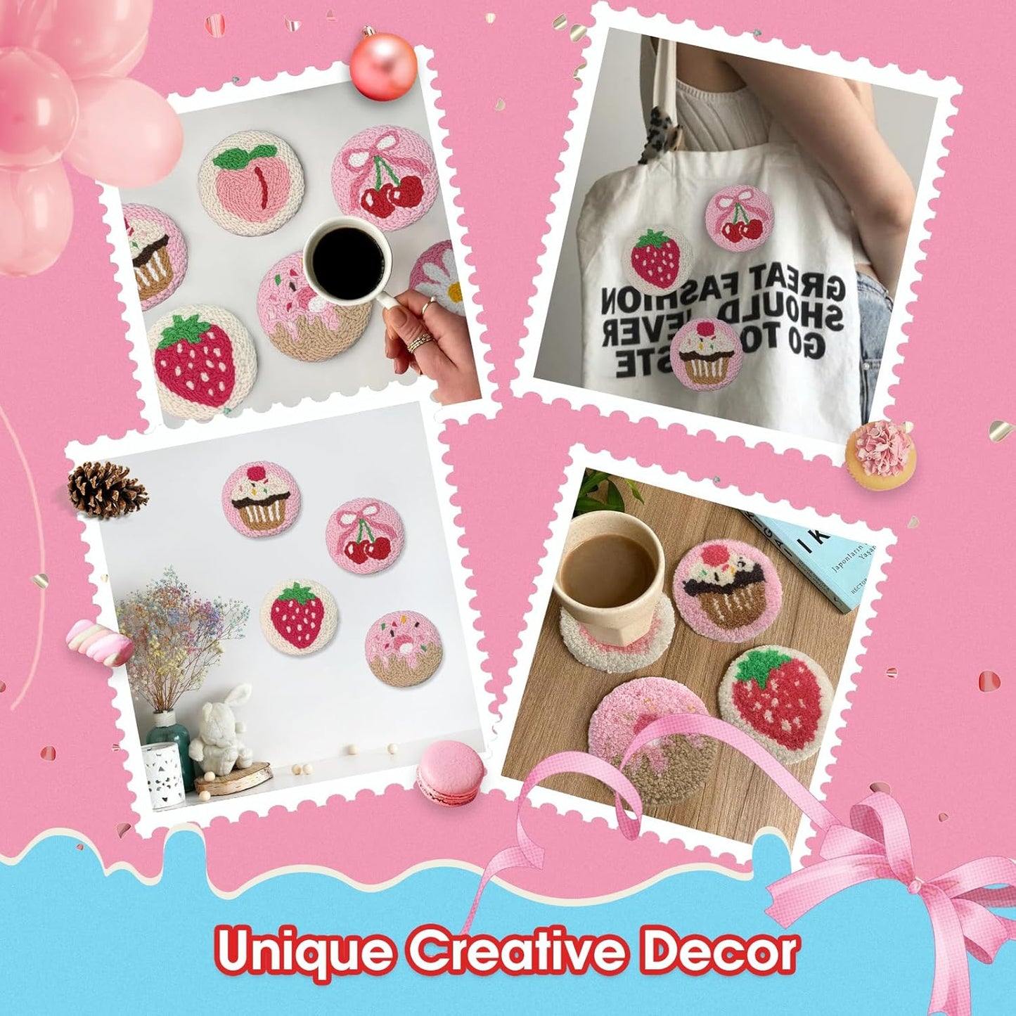 yuegool 6PCS Punch Needle Coaster Kit,Easy DIY Embroidery Set for Beginners, Kids & Adults with Patterns, Tools, Yarns, Hoop, Instructions & Coaster Holder