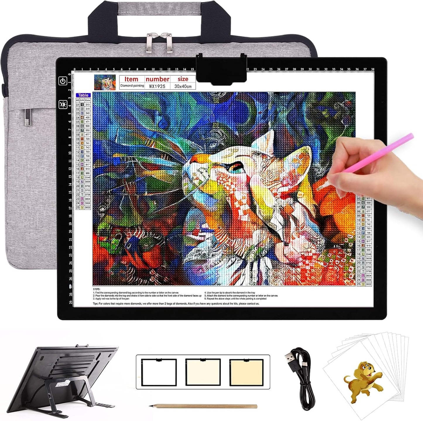 HIUKCOLED Rechargeable A3 Light Pad with Diamond Painting Light Board Carry Bag, Built-in Foldable Stand＆top Clip, 3 Colors/Stepless/6-level Brightness, Battery Powered Wireless LED Tracing Box