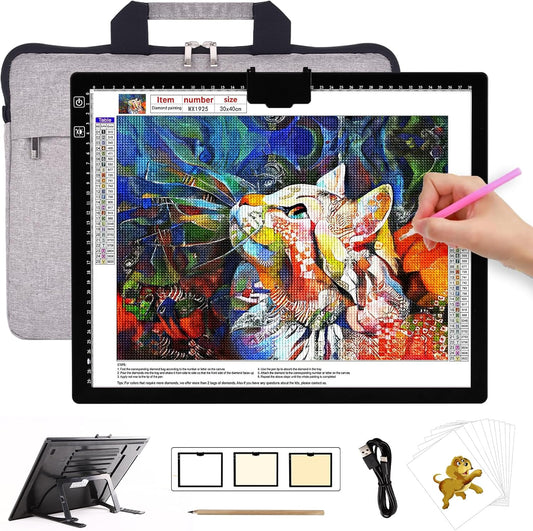 HIUKCOLED Rechargeable A3 Light Pad with Diamond Painting Light Board Carry Bag, Built-in Foldable Stand＆top Clip, 3 Colors/Stepless/6-level Brightness, Battery Powered Wireless LED Tracing Box