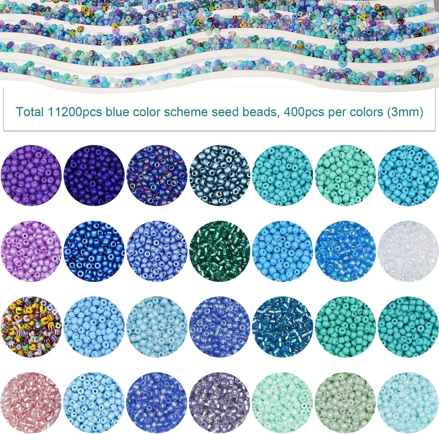 11200pcs Glass Seed Beads for DIY Crafting Bracelet Necklace Embroidery Jewelry Making Supplies (3mm, 400pcs/Color, 28 Colors, Blue Scheme)