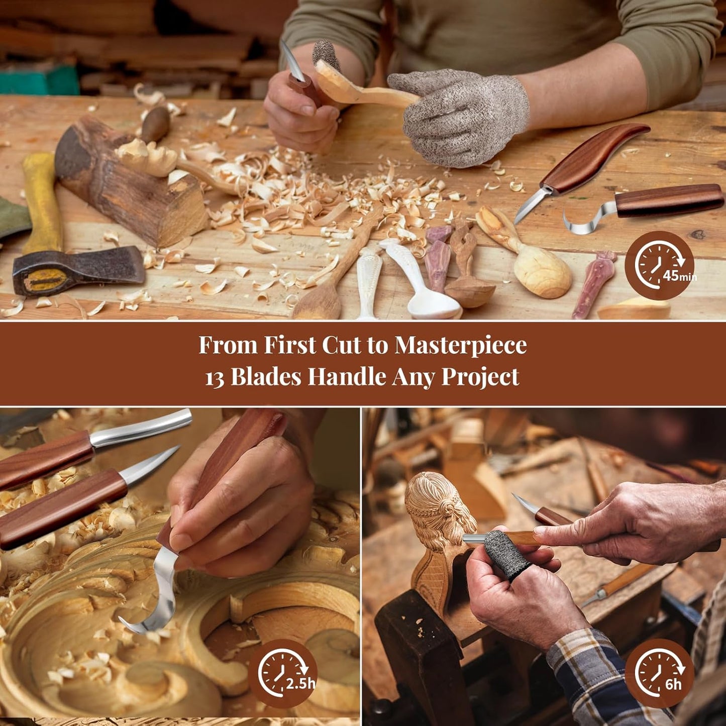 COZYGIFT Wood Carving Kit for Adults & Beginners - 29-Piece Professional Set with Leather Tool Roll, 7 Whittling Knives + 6 Detail Gouges, Splinter-Free Wooden Handles for Woodworking & DIY Gifts