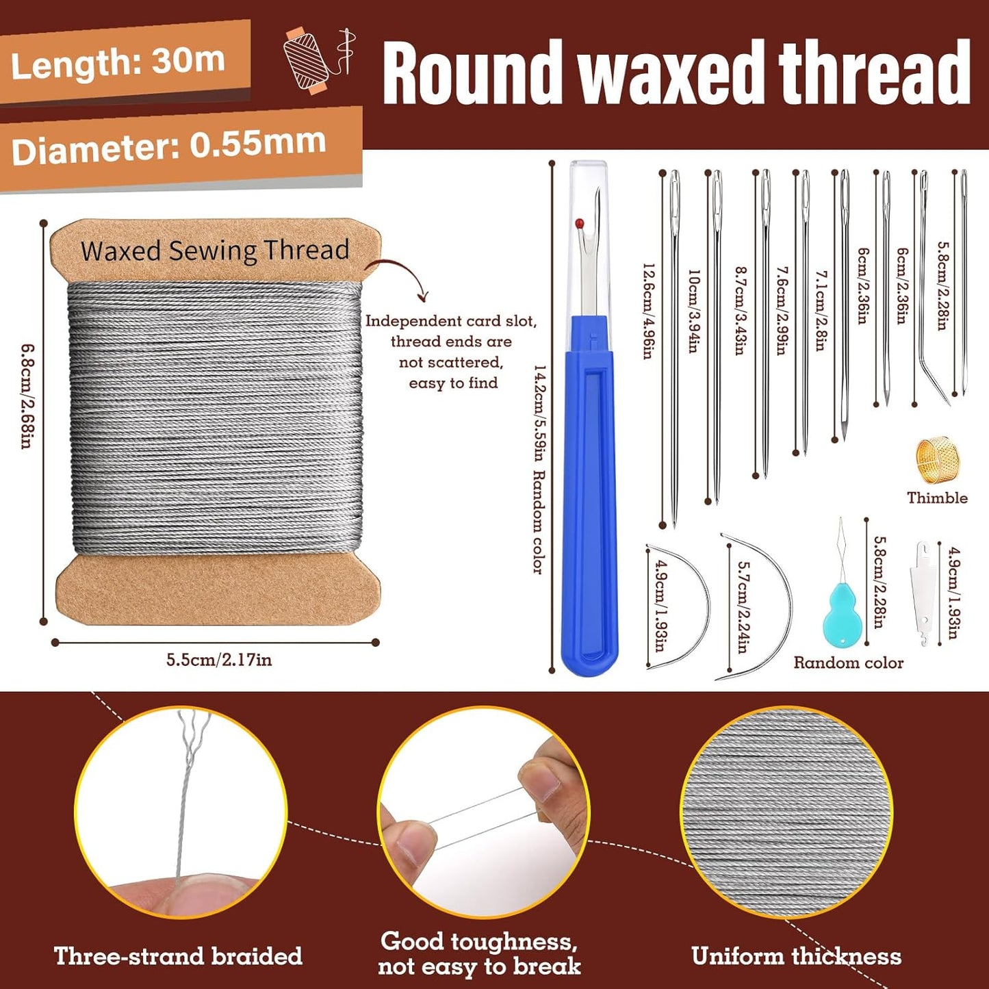 Upholstery Repair Kit, Thread Repair Sewing Kit and Upholstery Needle, 3 Colors 0.55mm Waxed Thread with 8 Pcs Heavy Duty Leather Needles for Hand Stitching, Canvas & Quilting