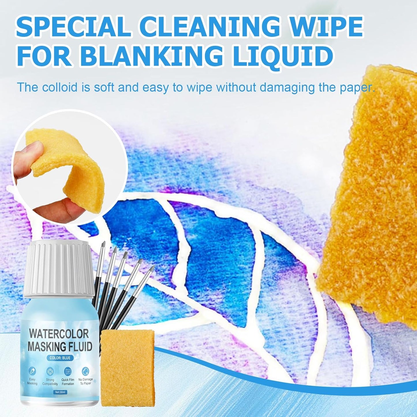 WANJAO Masking Fluid for Watercolor Painting, Liquid Masking Tape with Silicone Pens Cleaning Brush for Painting Fast Drying Easy Peel Use to Art Watercolor Supplies Retouching Covering, 30ml Blue