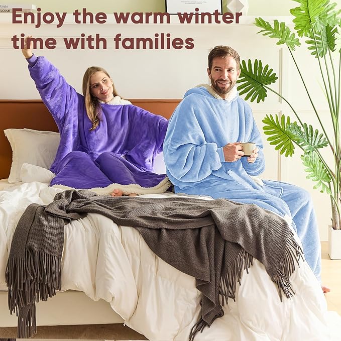 yescool Wearable Blanket Hoodie, Flannel Sherpa Fleece Blanket Sweatshirt for Adults Women Men,One Size Fits All