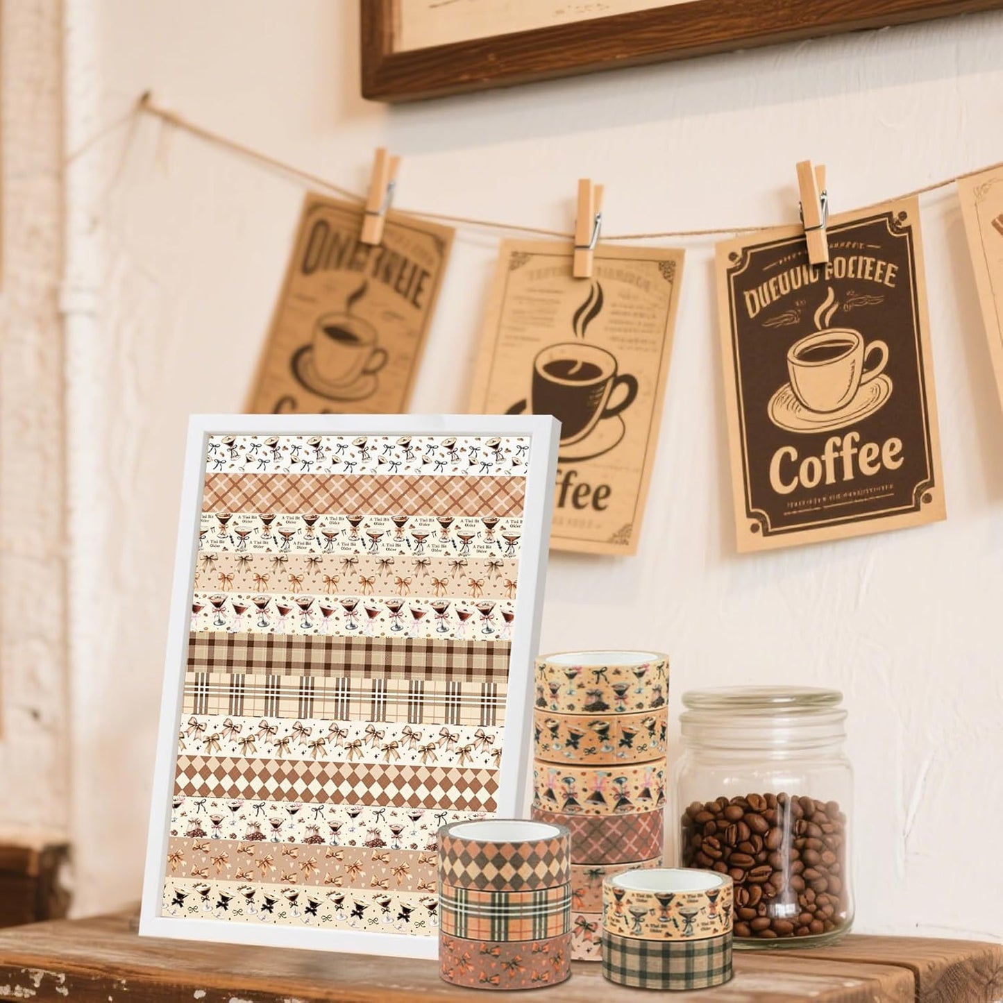 12 Rolls Martini Washi Tape, Vintage Brown Checkered Bow Masking Tape, Martini Coffee Decorative Sticker for Party Afternoon Tea Holiday Scrapbook Journal DIY Craft Gift Wraps 16.4FT