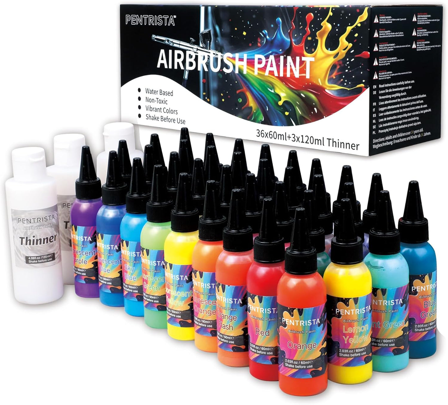 PENTRISTA 36-Color Airbrush Paint Set (60 ml/2.03 oz)with 3 Thinner - Flash Neon & Metallic Air Brush Paints,Lightfast & Water-Resistant Finish Acrylic Airbrush for Beginners,Artists for Models Nails