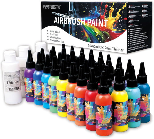 PENTRISTA 36-Color Airbrush Paint Set (60 ml/2.03 oz)with 3 Thinner - Flash Neon & Metallic Air Brush Paints,Lightfast & Water-Resistant Finish Acrylic Airbrush for Beginners,Artists for Models Nails