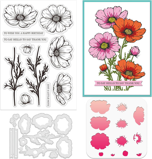 ORIGACH Realistic Cosmos Flower Layering Stencils Set for Card Making, Coreopsis Flower Stencil Template Silicone Stamps and Die Sets for Scrapbooking DIY Crafting