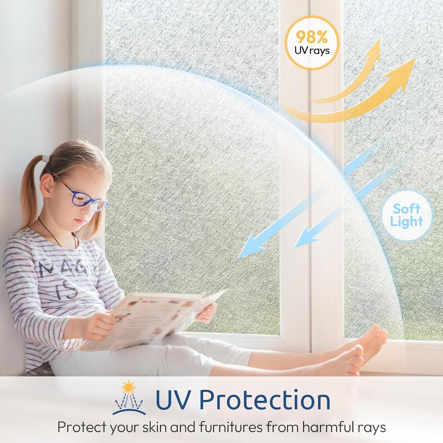 rabbitgoo Window Privacy Film Frosted Glass Film, Decorative Cling UV Sun Blocking Decals, Frosting Window Clings for Home Bathroom Door Coverings,17.5 x 78.7 inches