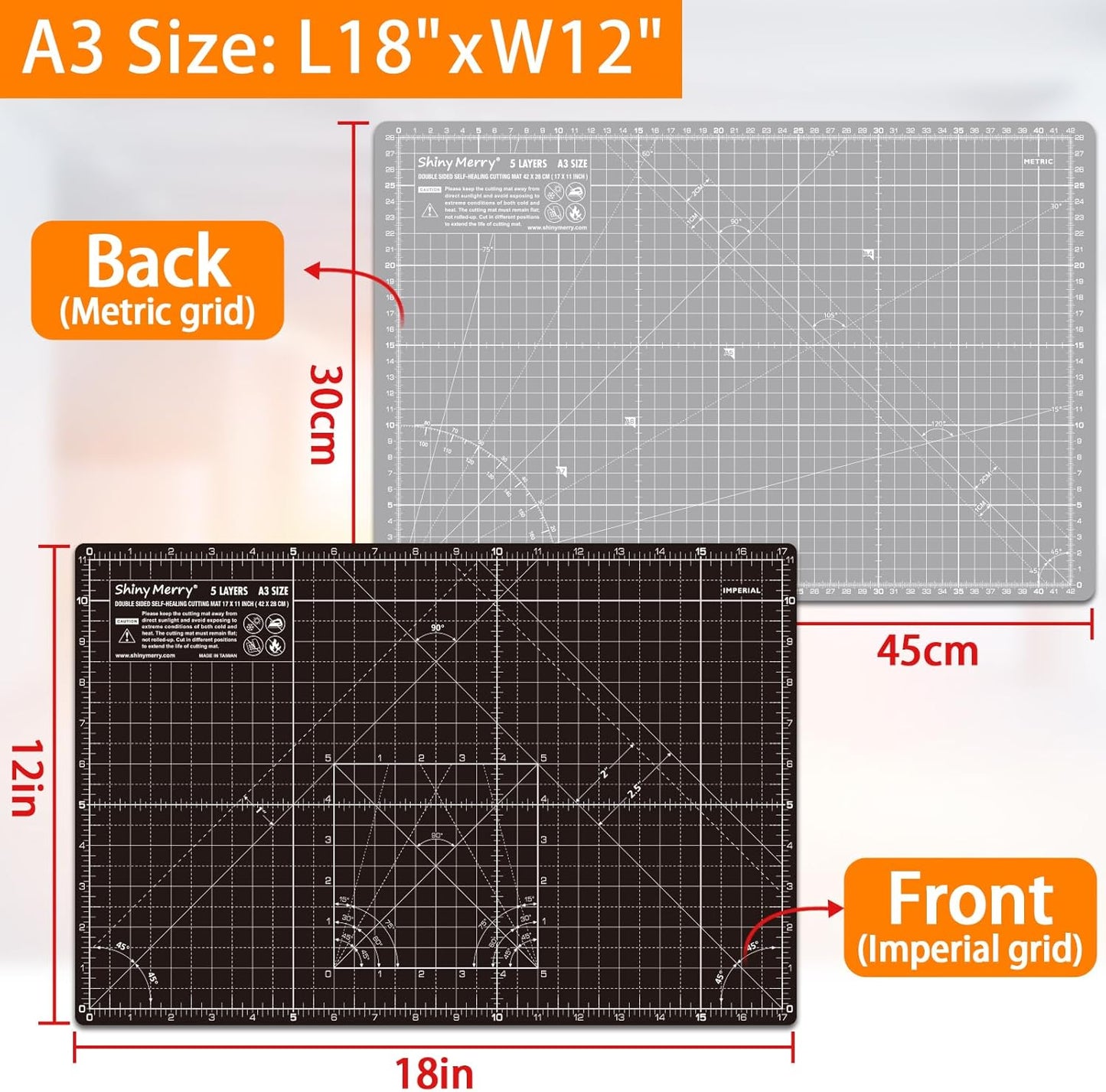 Self Healing Cutting Mat A3 12"x18" – Double Sided 5-Ply Craft Mat for Sewing, Quilting, Fabric, Scrapbooking – Black/Gray