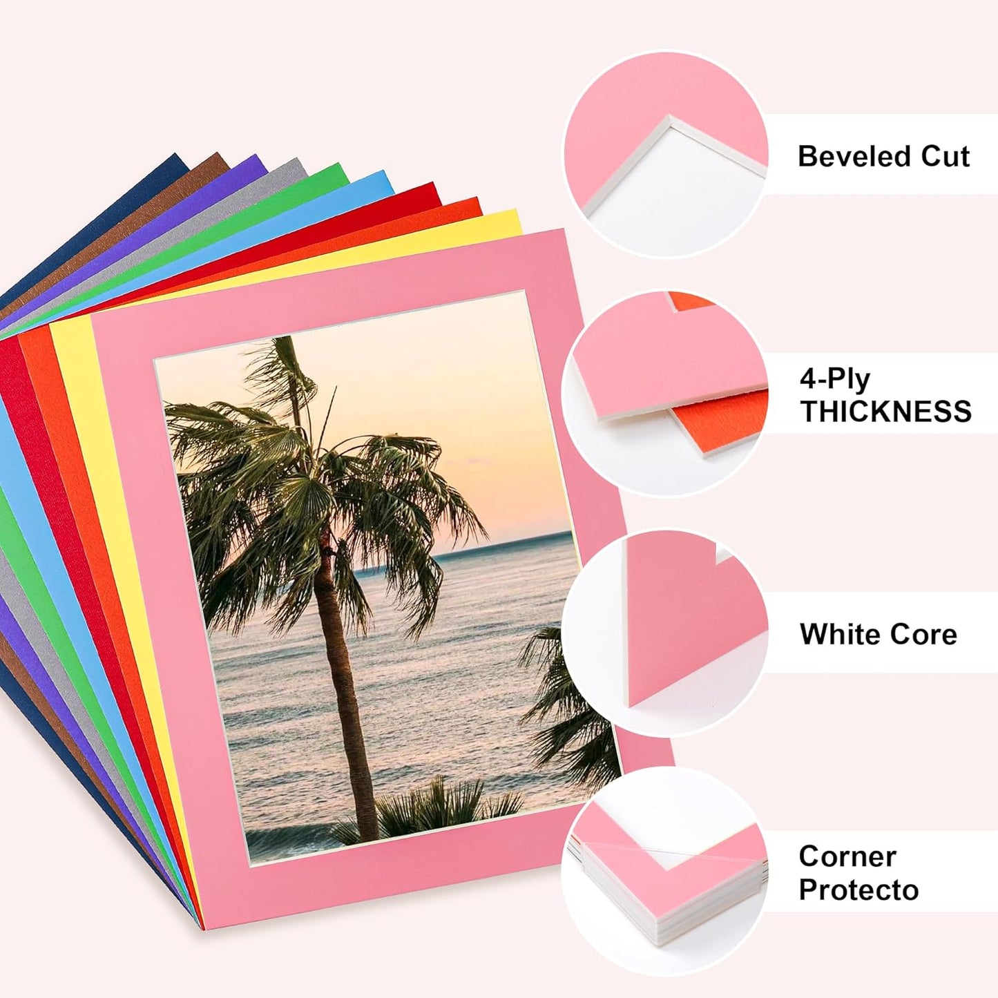 HOTUO 10 Pack Acid Free Colorful Picture Frame Mats, Pre-Cut 11x14 Picture Mats with Ivory Core Bevel Cut for 9x12 Photo, Signature Friendly 4 Ply Thickness Photo Mat for Frames.