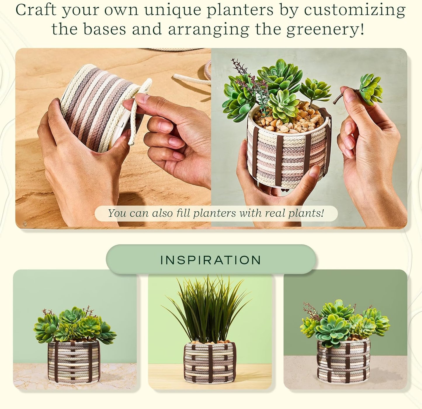 Lifelines FlowCrafts, Cord-Wrapped Planters - Create 2 Unique Planters with Cords in Multi-Colors, Leather Accents, Faux Plant Stems & Decorative Stones - Sensory Arts & Crafts Kit for Teens & Adults