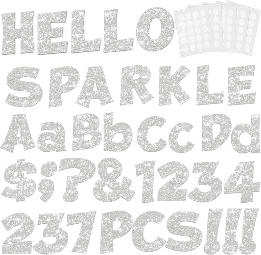 237 Pcs Glitter Bulletin Board Letters, Numbers and Punctuation, Poster Board Letters Alphabet Cut Out Cardboard Letters Accessories for Classroom Display Decorating Supplies 4inch (Sliver)