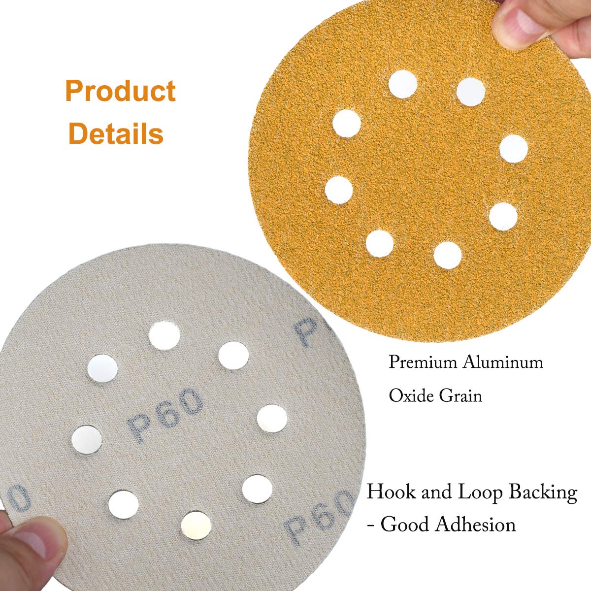 5-Inch 8-Hole Hook and Loop Sanding Discs 60-Grit Random Orbit Sandpaper, 100-Pack