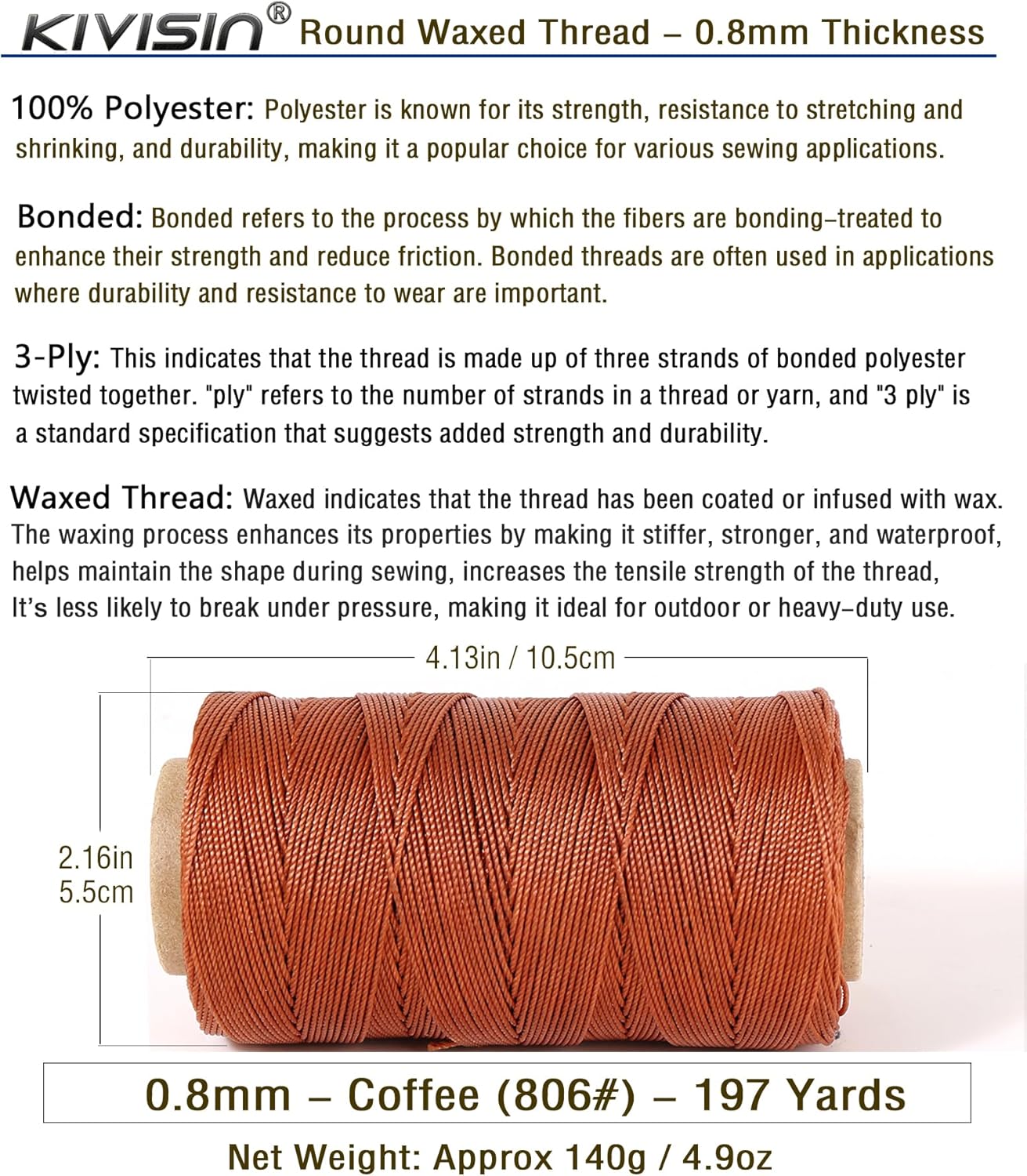 Bonded 0.8mm Round Waxed Polyester Cord, 3-ply Wax Coated Thread, 197 Yards Stiff String for Heavy Duty Fabric, Leather Sewing, Book Binding, Upholstery Repair, and Macrame Jewelry - Coffee