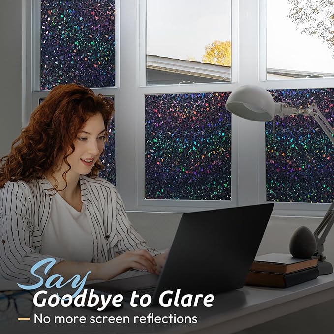 rabbitgoo Blackout Rainbow Window Privacy Film Decorative Stained Glass Diamond Pattern Window Sticker with Iridescent Tint Non-Adhesive Static Cling for Home Office Bathroom, 17.5 x 157.4 inch, Black