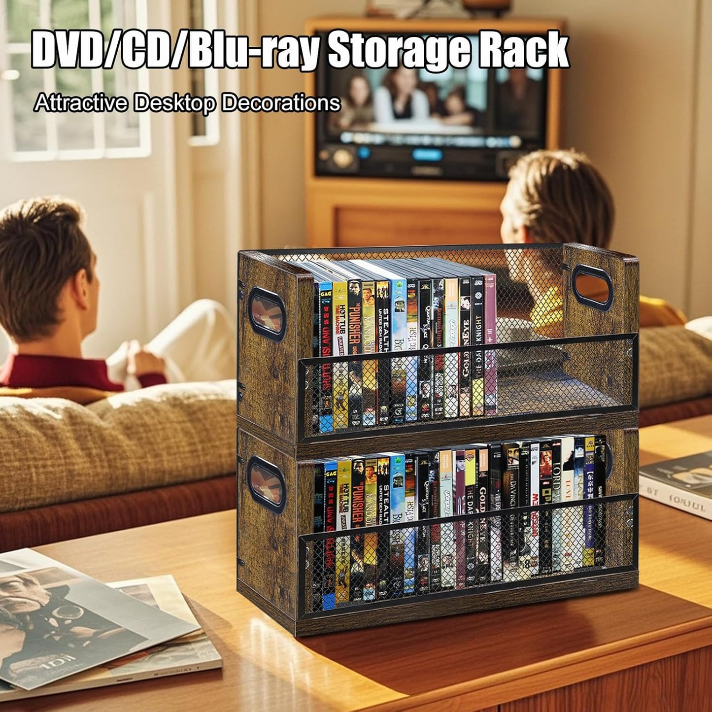 DVD Storage Shelve Blu ray Holder, Set of 2 DVD Racks Hold Up To 56 DVDs (28 Each), Stackable DVD Tower also Used for CDs, Video Game Cases, Vhs Taps, Desktop organizer at Home Or Office