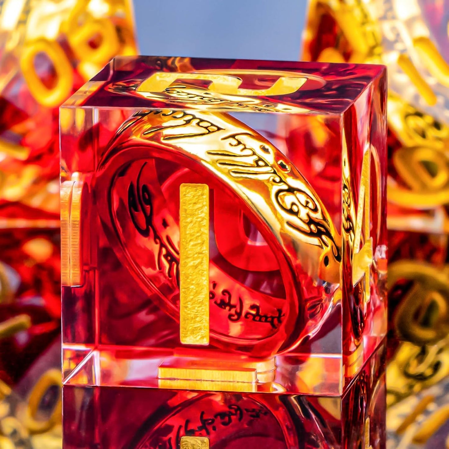 OUKELANWO Magic Lord Rings DND Dice Set with Box, 7Pcs Resin LOTR D&D Dice Set for Role Playing Game, Red Gold Dungeons Dragons D and D Sharp Edge Dice D20 D12 D10 D8 D6 D4