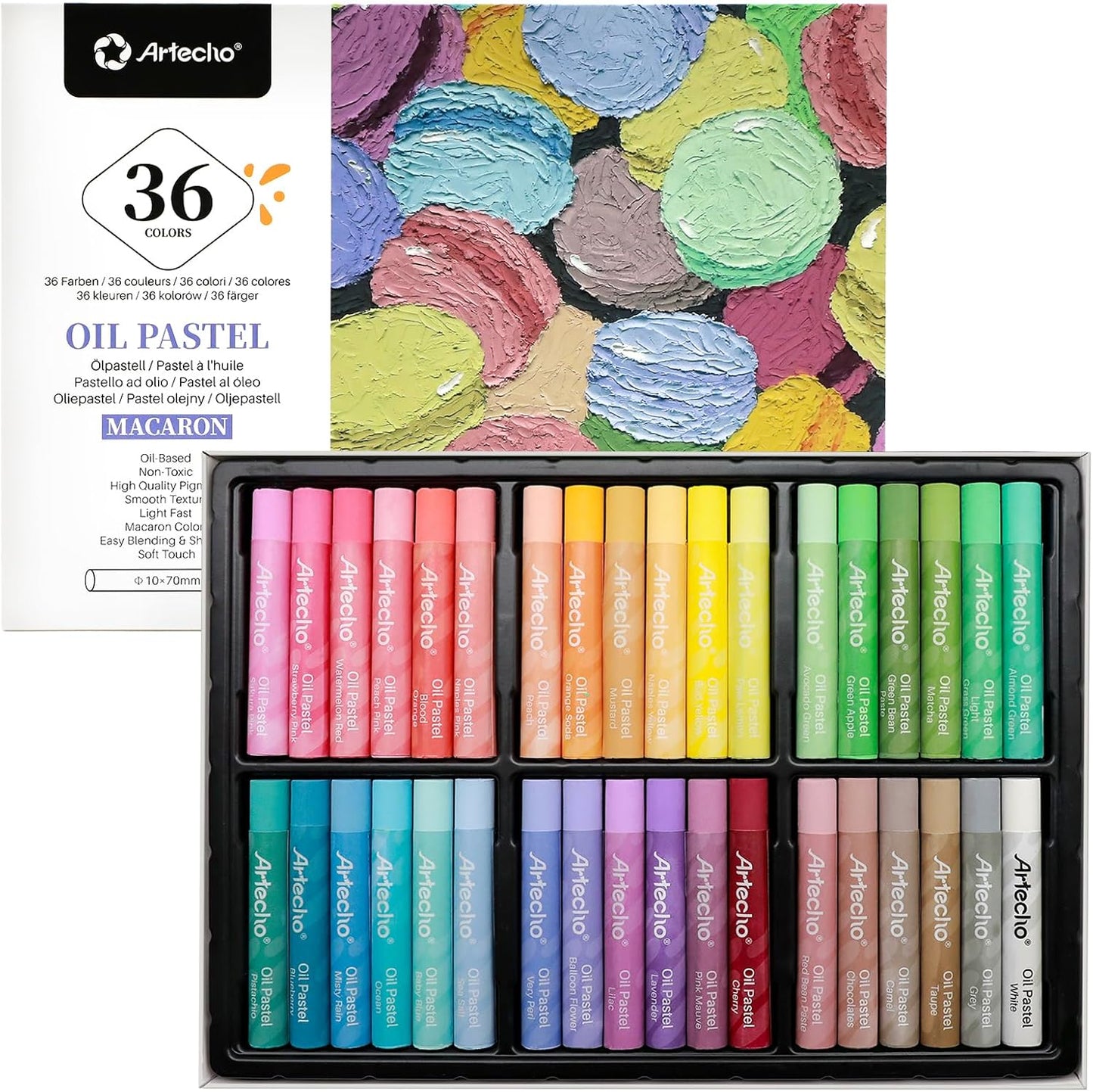 Artecho Macaron Oil Pastels Set of 36 Colors, Soft Oil Pastels for Art Painting, Drawing, Blending (10 x 70 mm)