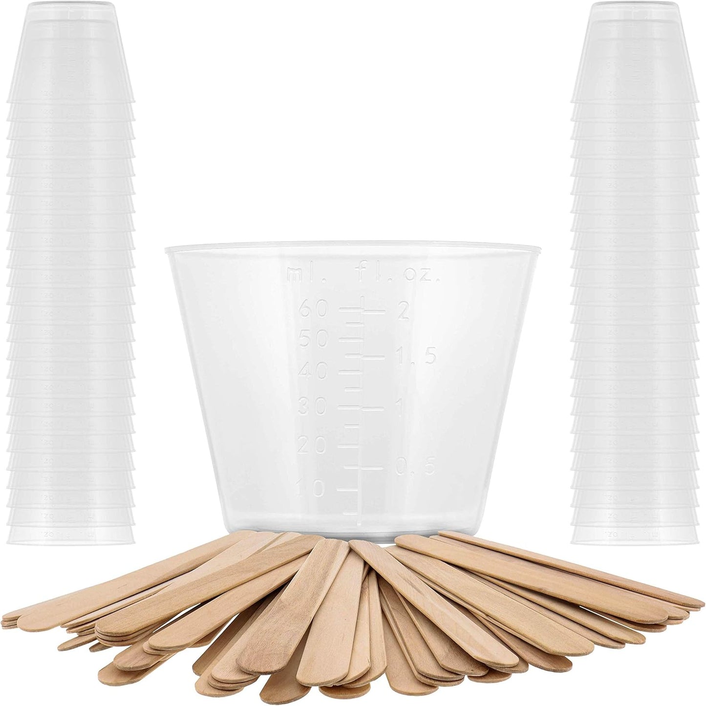 Pouring Masters 2 Oz (60 ml) Liquid Measuring Cups - Plastic Graduated Cup (50 Pack) with 25 Sticks - Reusable Mixing Cups for Paint, Craft, Kitchen, Lab, Medical Supplies, Epoxy Resin, Art