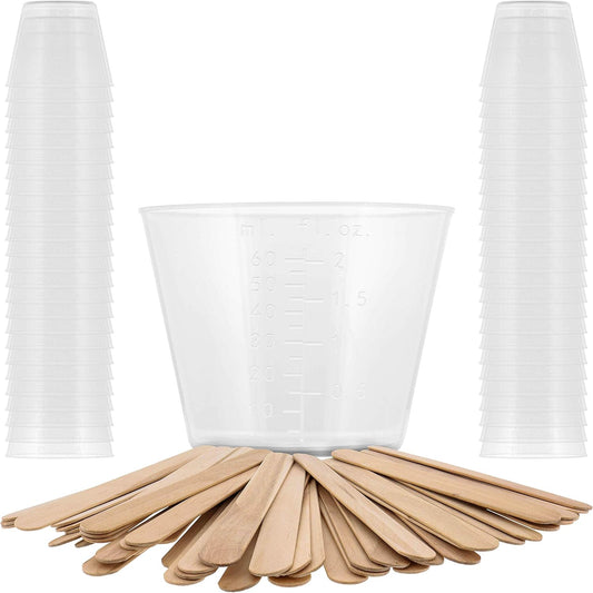 Pouring Masters 2 Oz (60 ml) Liquid Measuring Cups - Plastic Graduated Cup (50 Pack) with 25 Sticks - Reusable Mixing Cups for Paint, Craft, Kitchen, Lab, Medical Supplies, Epoxy Resin, Art
