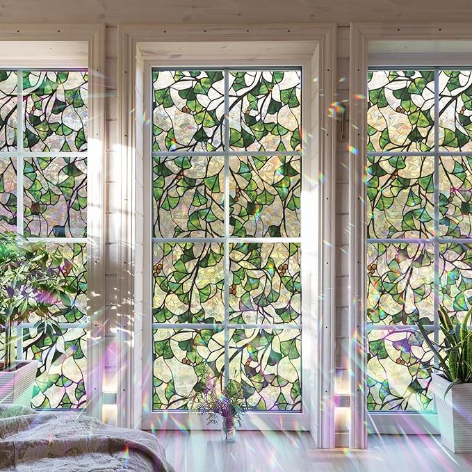 Rainbow Window Privacy Film Stained Glass Handmade Design for Bathroom, Ginkgo Leaves, 118.11'' x 29.52''