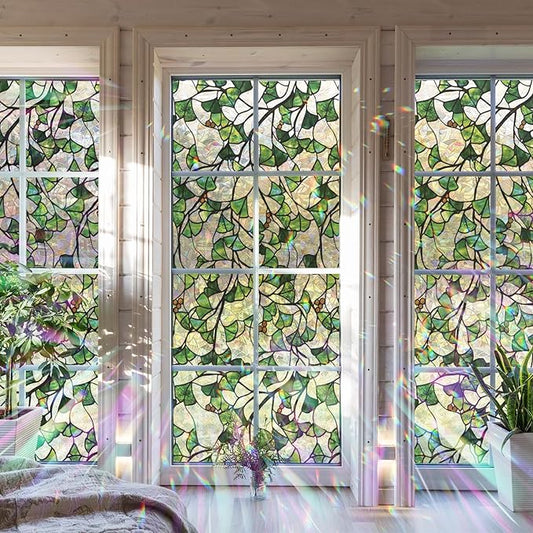 Rainbow Window Privacy Film Stained Glass Handmade Design for Bathroom, Ginkgo Leaves, 118.11'' x 29.52''