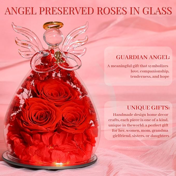 Beferr Valentines Day Rose Gifts for Her Women Mom Gifts for Birthday, Fresh Flowers for Delivery Forever Preserved Rose in Glass Angel Figurine, for Grandma Wife Daughter Girlfriend