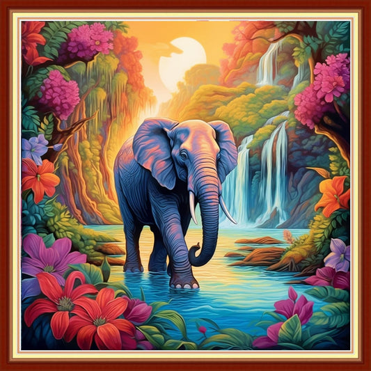 Joyhoor Stamped Cross Stitch Kits for Beginners, Needlepoint Kits for Adults, 11CT Counted Embroidery Kits-Elephant Falls 18x18 inchs