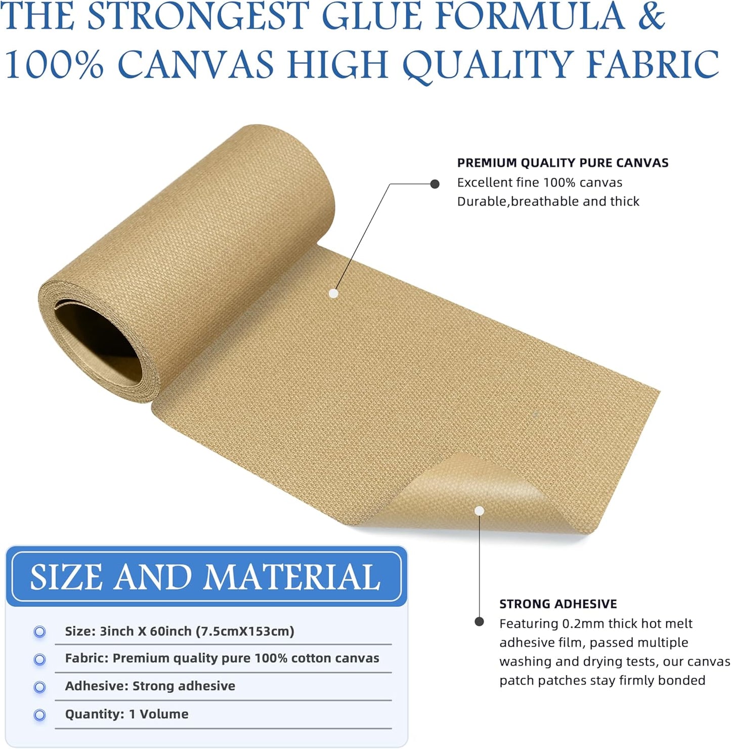 KING MOUNTAIN Canvas Iron on Patch,3"×60",Waterproof 100% Cotton Fabric Repair Patch,Used for Various Sofa,Tent,Clothes,Seats,Suitcases ( Flaxen)