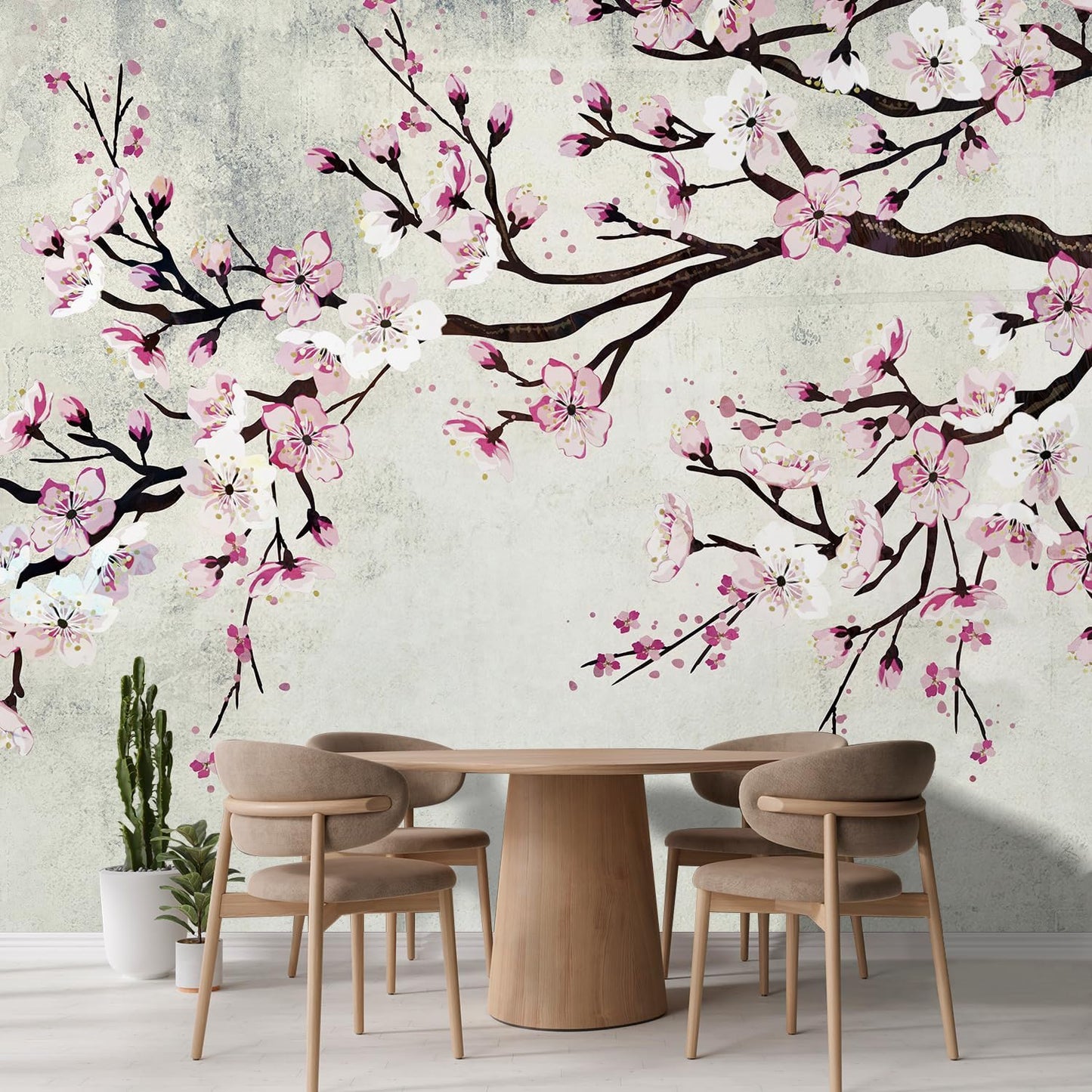 wall26 Large Wall Mural Watercolor Style Ink Painting Pink Cherry Blossom on Vintage Wall Background | Self-Adhesive Vinyl Wallpaper/Removable Modern Wall Decor - 96x120 inches