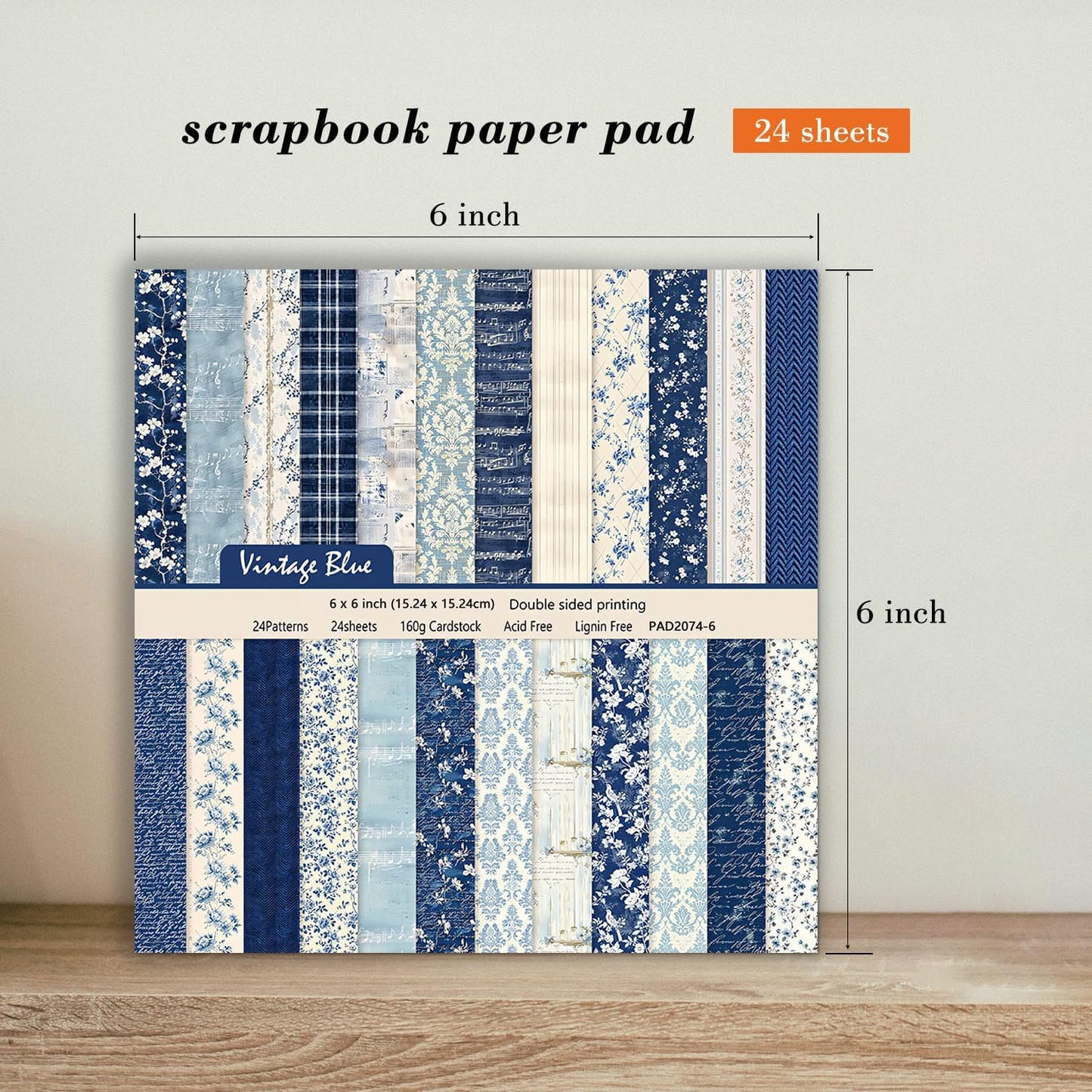 6 Inch Blue Floral Aesthetic Scrapbooking Paper Pad - 24 Sheets Double Sided Patterns for Background Photos Junk Journal Card Making Origami DIY Crafts Gifts Wrapping Material