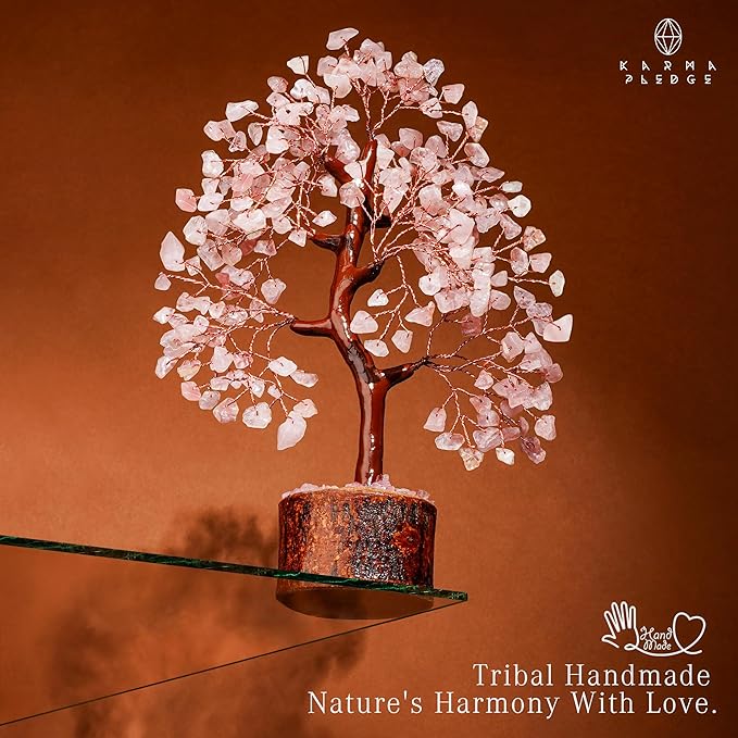 KARMAPLEDGE Rose Quartz Crystal Tree of Life for Women Office Decor, Good Luck, Money, Meditation, Positivity, Handmade Healing Crystal Stones Bonsai Tree Spiritual Birthday Gifts for Women