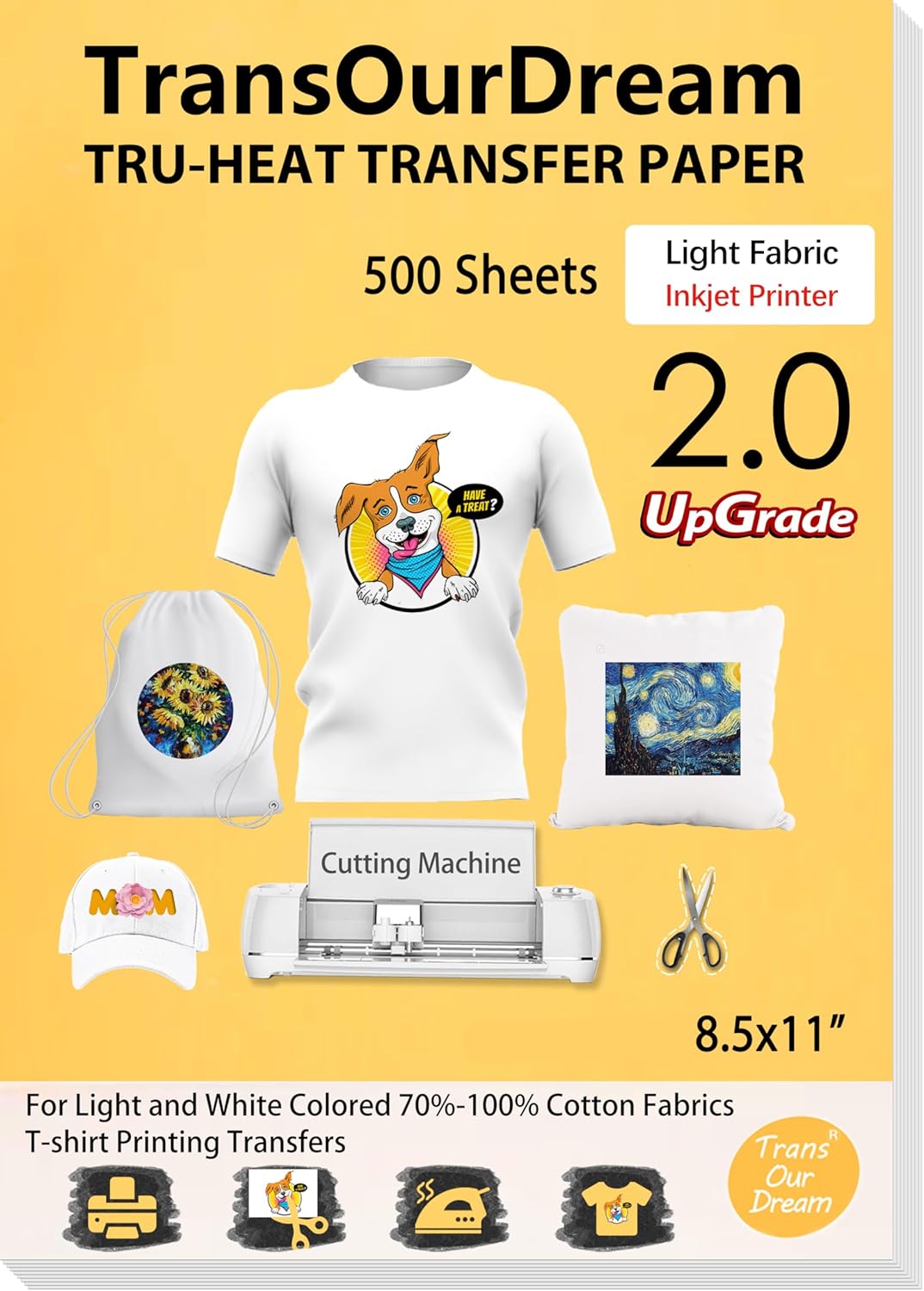 TransOurDream Heat Iron on Transfer Paper for Light T Shirts (500 Sheets, 8.5x11", 2.0) Printable HTV Heat Transfers Vinyl for Inkjet Printer, Iron on Transfers for Light Fabric