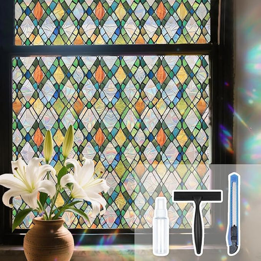 Lattice Stained Glass Window Film Static Cling with Tools - 23.6 x 78.7 Inch Non-Adhesive Privacy Decorative Rainbow Film for Windows, Doors, Sidelights - Easy Install & Remove