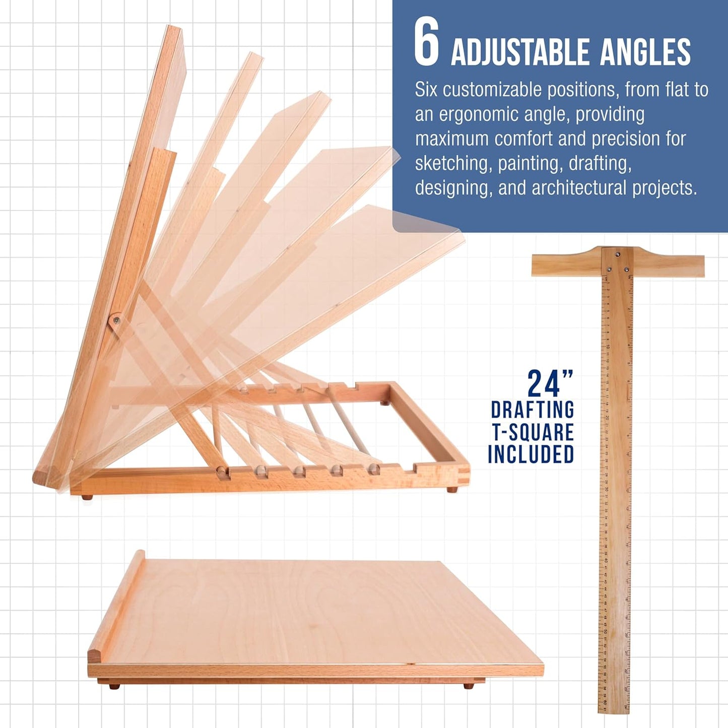 U.S. Art Supply X-Large 26" x 21" Adjustable Wood Art Drawing Board - 6 Angles, Beechwood Construction, Pencil Ledge, 24" T-Square - Ideal for Design, Drafting & Architecture Work
