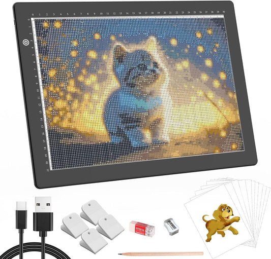 HIUKCOLED A4 Light Tracing Box with 4 Pcs Clips, Stepless Adjustable Brightness Ultra-Thin Light Pad, USB Powered LED Light Board for Drawing,Diamond Painting,Sketching,Animation,X-Ray,Sand Painting