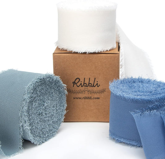 Ribbli Chiffon Silk Ribbon, 1.5 in x 30 Yards, White/Slate Blue/Dusty Blue Fringe, Wedding Invitations, Bridal Bouquets, Flower Arrangement