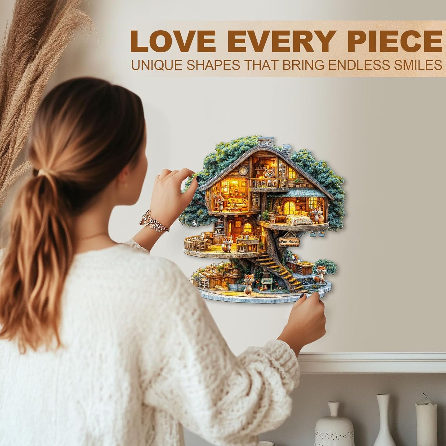 WOODBESTS Wooden Puzzles for Adults (100 Piece, S, 8.5 * 8.5in) Fox House Wood Puzzle Adult, Unique Wooden Animal Jigsaw Puzzles, Family Game and Birthday Gifts for Friend