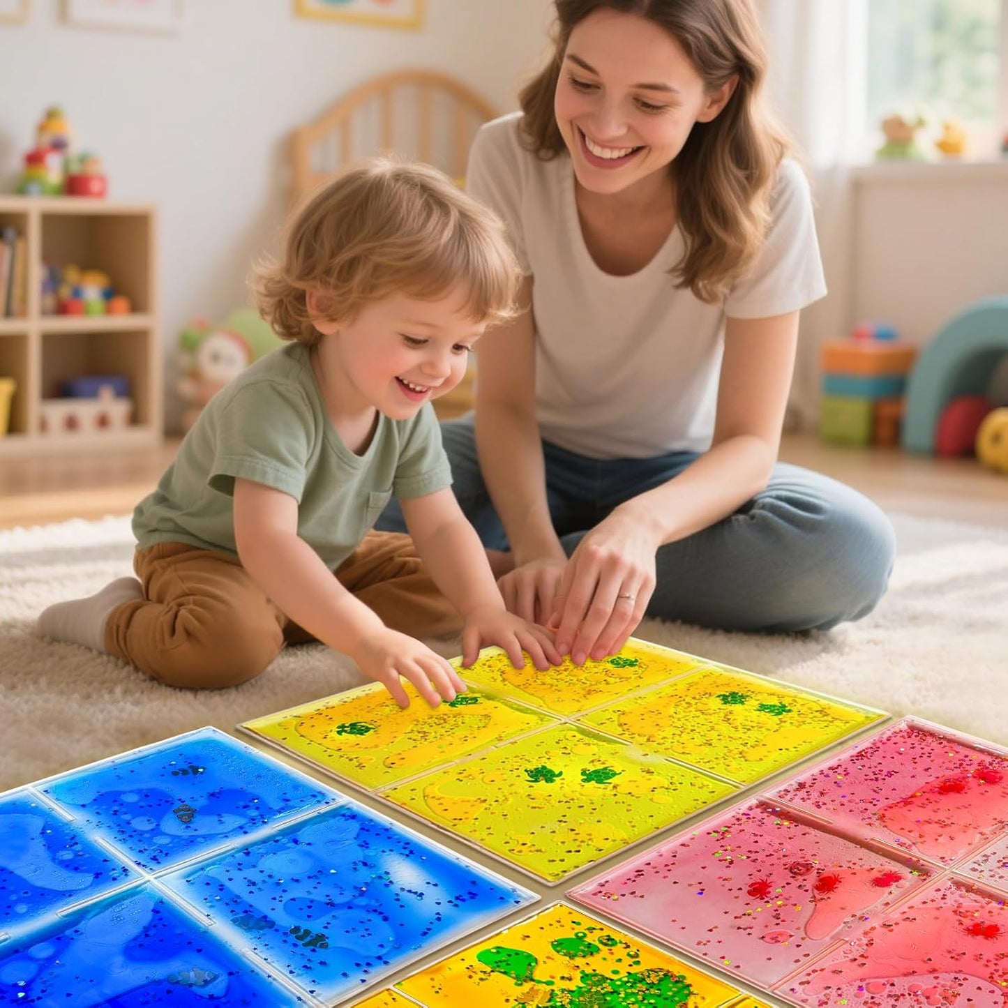 Squishy Liquid Sensory Tiles for Kids Ages 3+ – 12" Soft Tactile Visual Pads with Ocean Creatures, Glitter & Colorful Liquid for Calm Corner, Classroom, Desk or Home (9-Pack)