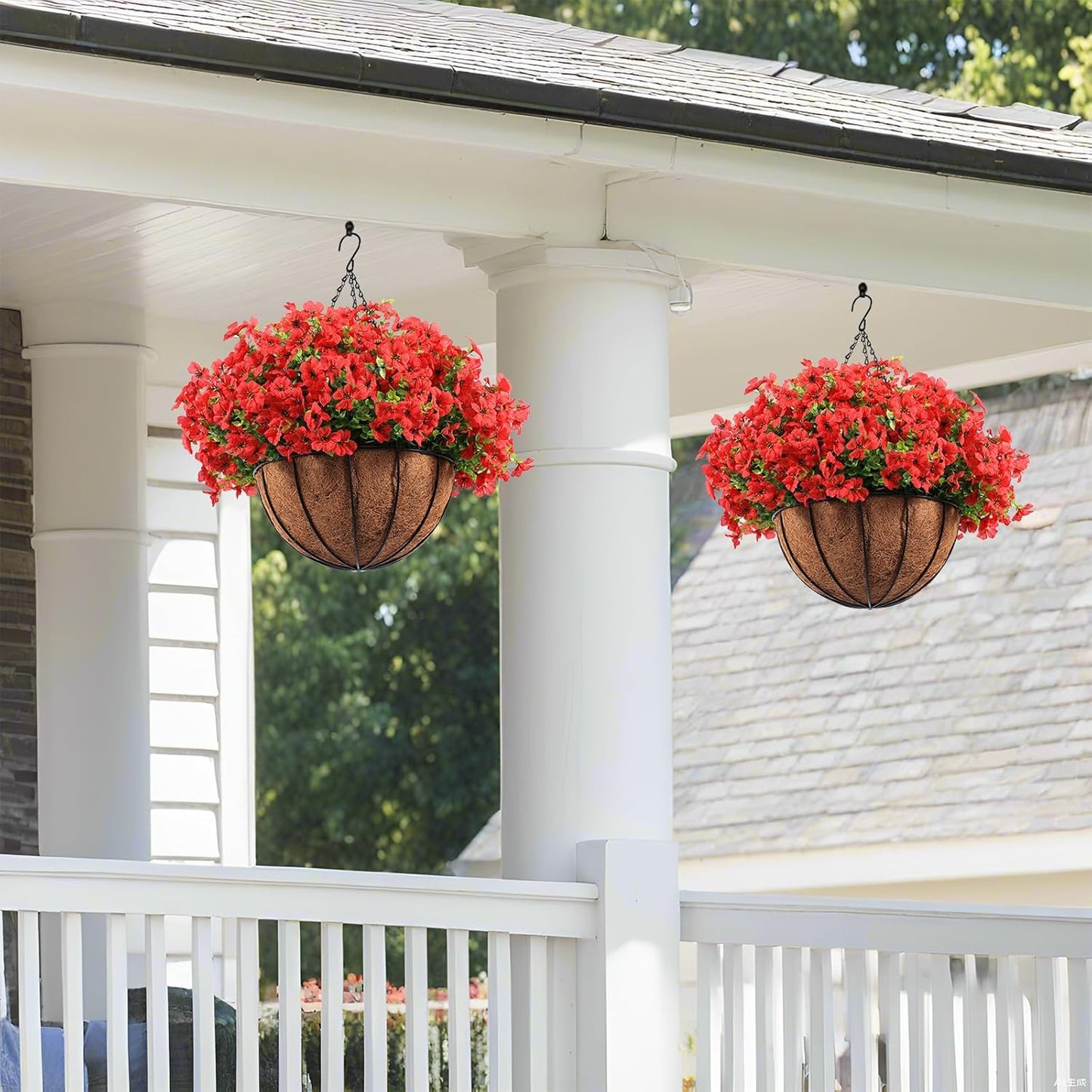 Hananona 24 Pcs Artficial Outdoor Flowers with Hanging Baskets, 2 Pack Hanging Planter with Red Outdoor Spring Flowers for Christmas Porch Home Patio Yard Decor (2, Red)