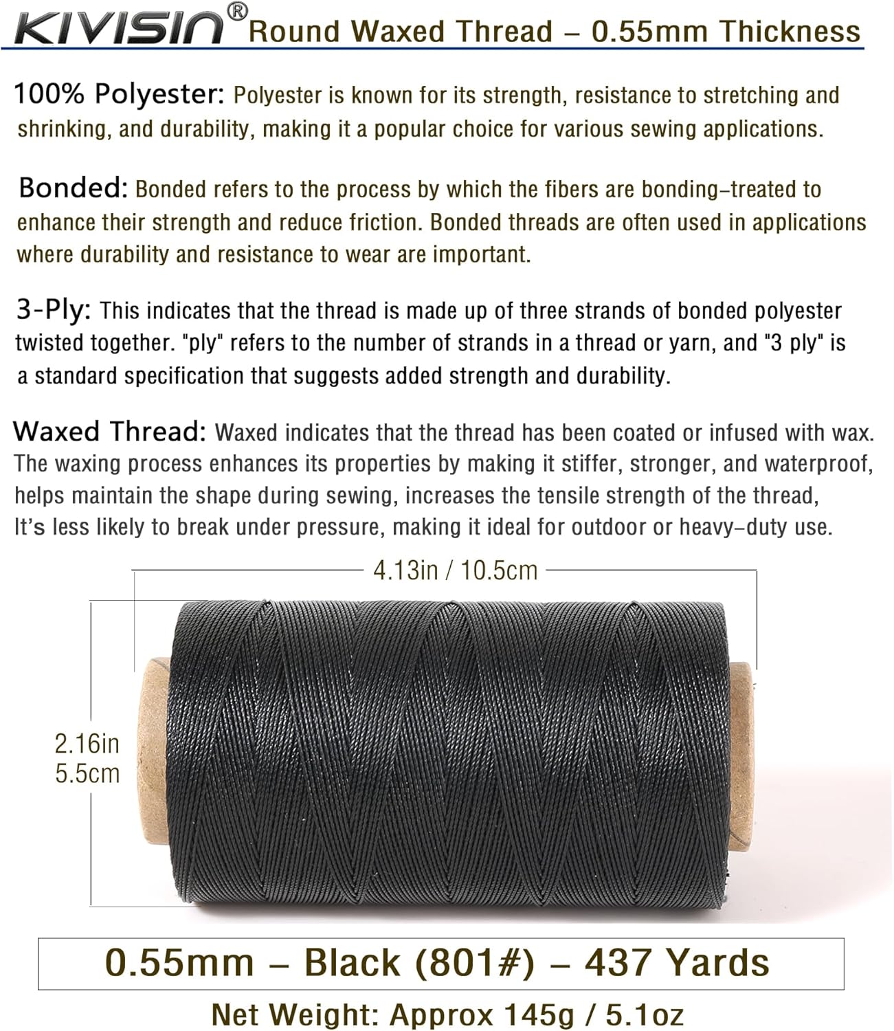 Sturdy Bonded Waxed Polyester Thread, 0.55mm, 437 Yards Wax String Cord - Black for Leather, Hand Sewing, Stitching, Beading, Bookbinding, Bracelets and Macrame Jewelry Making