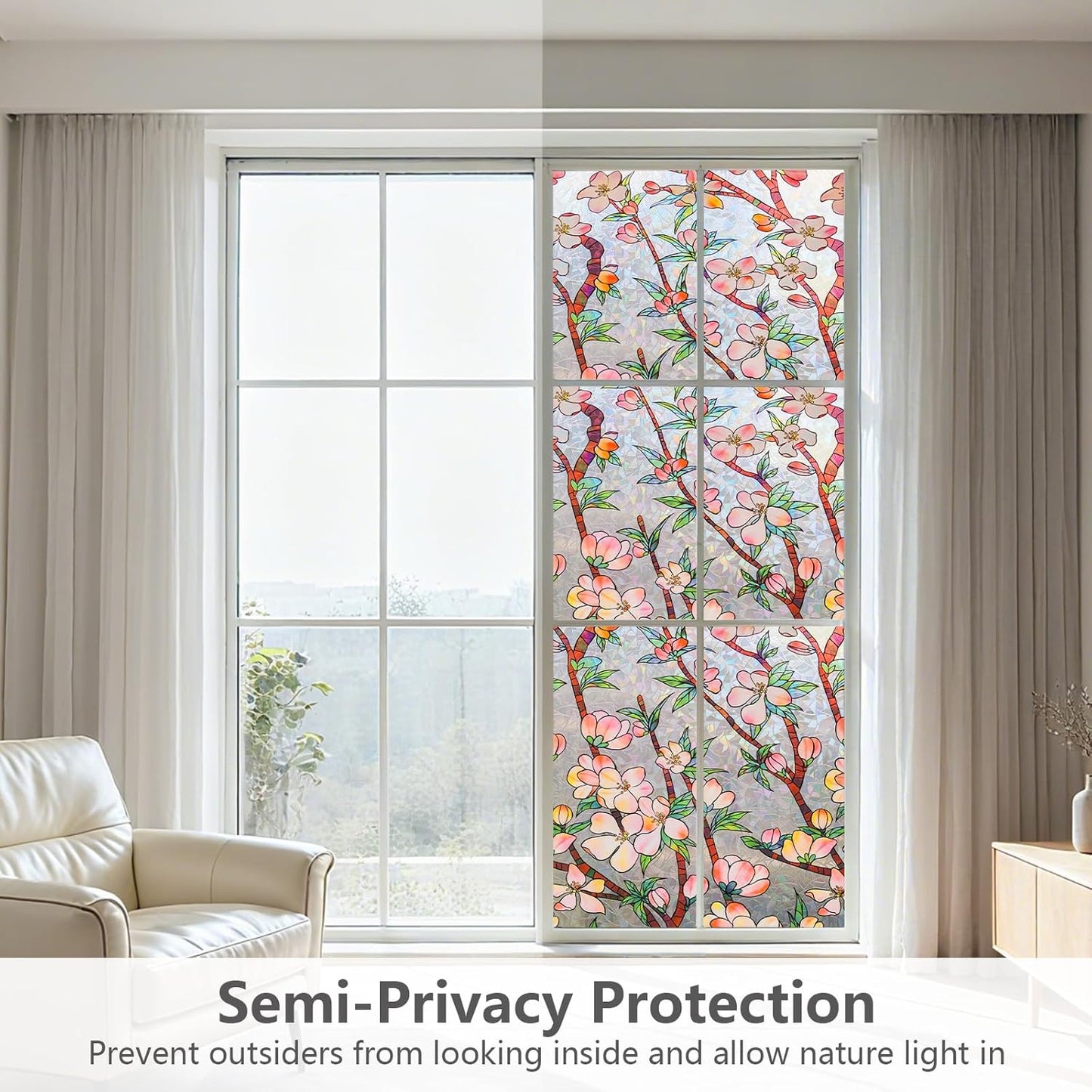 NINETREX Window Privacy Film,3D Stained Glass Window Film,Rainbow Static Cling Stickers Blocks Heat & UV,Non-Adhesive Vinyl for Home Door (Peach Blossom,17.5 x 157.4inch)