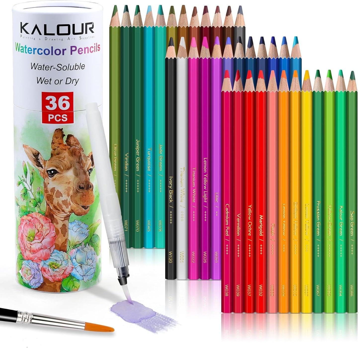KALOUR Watercolor Pencils with Brush, 36 Colors, Blendable Wet or Dry, Ideal for Coloring Books and Art