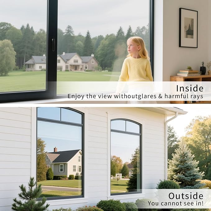 Window Privacy Film One Way Daytime Mirror Tint Treatments UV Heat Control Vinyl Stickers Sun Block Glass Paper Door Covering Reflective 17.5 Inch X 94.48 Inch Silver